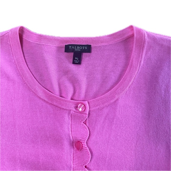 Talbots Pink Cotton Blend Preppy 3/4 Sleeves Button Front Scalloped Cardigan - Picture 4 of 5